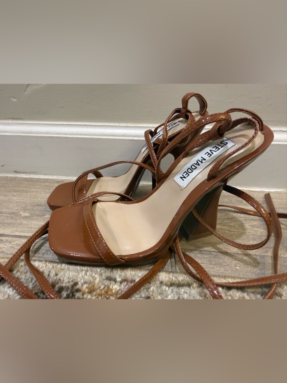 Steve Madden Brown Patent Strappy Block Heel Sandals